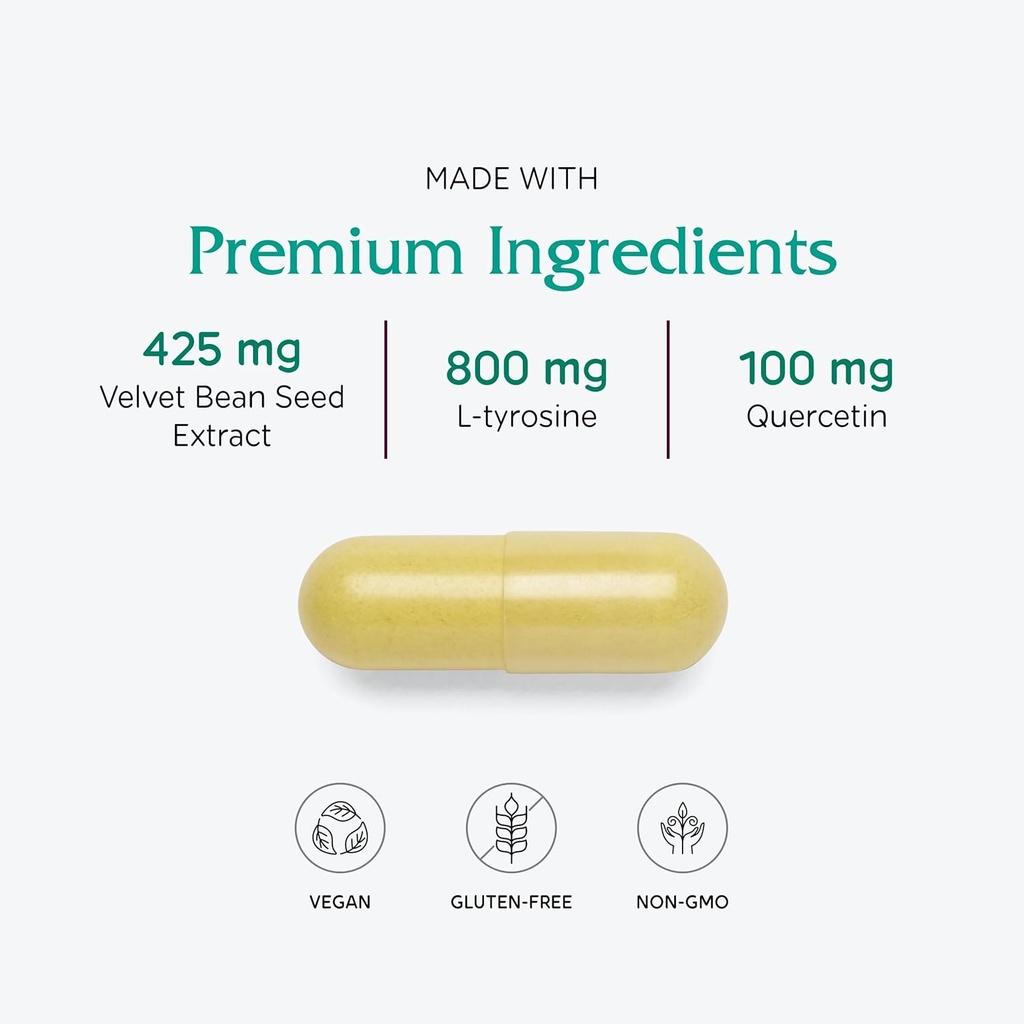 Vitanica Dopamine Assist, Dr Formulated Dopamine Supplement, L-Tyrosine, Mucuna Pruriens Neurotransmitter Mood Support, Vitamin B6, Folate, Green Tea Extract Quercetin Vegan, 60 Capsules 5