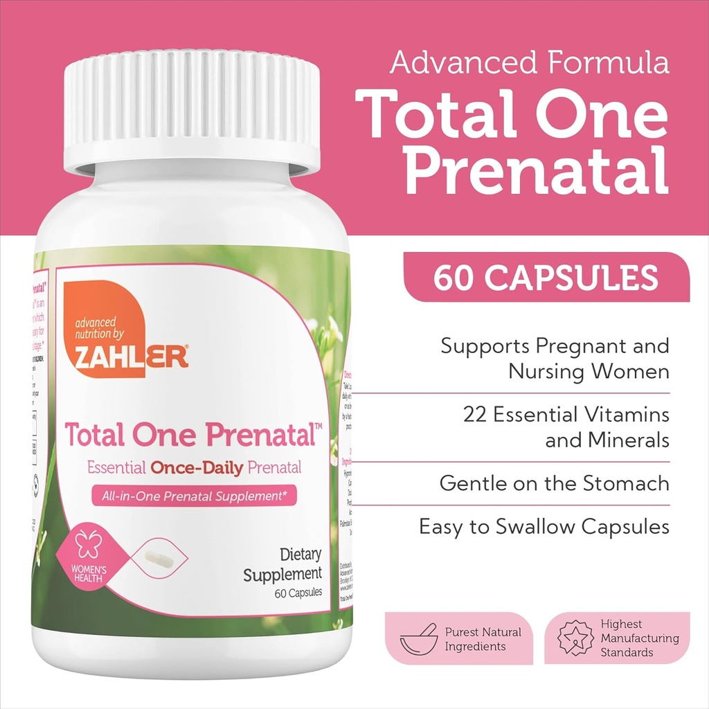 Zahler - Total One Prenatal Vitamins for Women (60 Count) Daily Multi Vitamin Prenatals with Folic Acid, Iron, Zinc & 19 Other Essential Vitamins & Minerals - Kosher Pre Natal Multivitamin Capsules 3