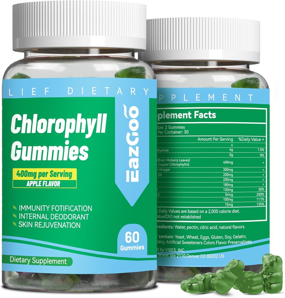 Sugar Free Chlorophyll Gummies, Vitamin B12 Zinc - Natural Deodorant*, Supports Healthy Skin & Body Detox*, Immune & Digestion Support, Chewable Chlorophyll Supplement for Women - 60 Count 2