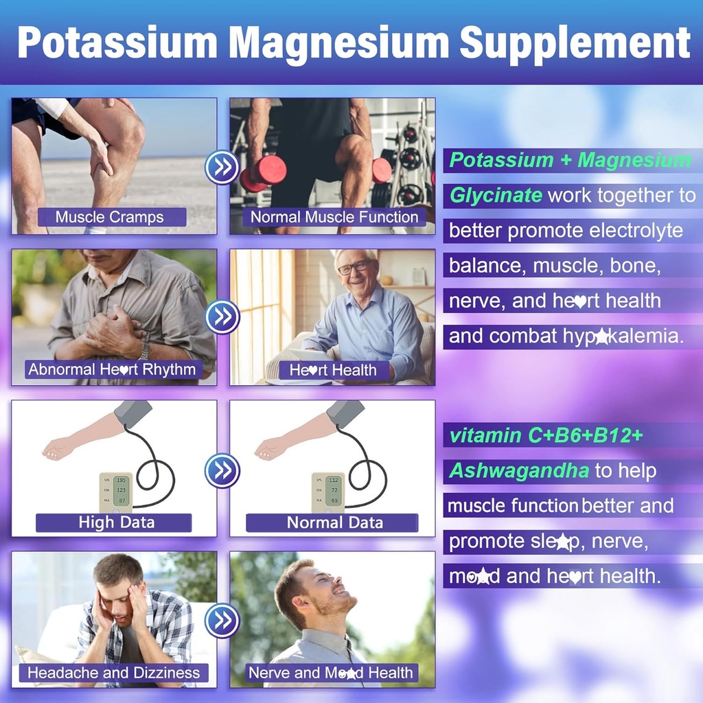 Potassium Magnesium Gummies - Potassium Supplement w/Ashwagandha 200mg, Magnesium Glycinate,B6,B12,P-otassium Citrate for Leg Cramps,Muscle,Electroyte for Adults Kids,Sugar-Free, 2 Pack 4