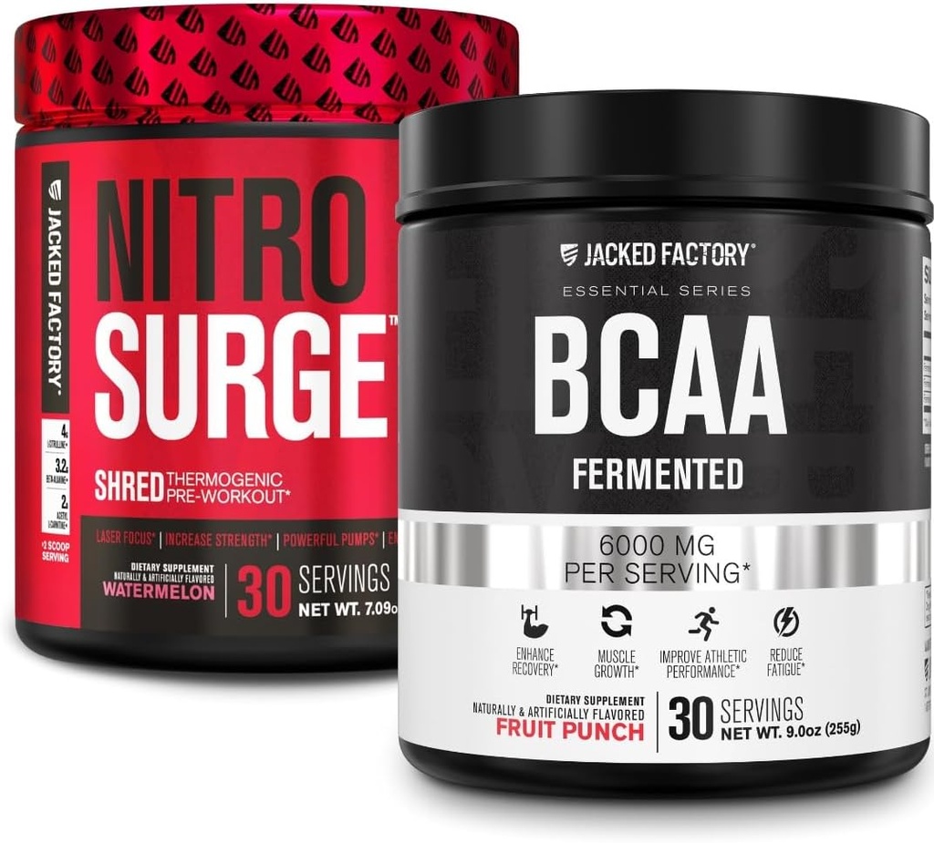 Jacked Factory Nitrosurge Shred Thermogenic Pre-Workout in Watermelon & BCAA in Fruit Punch for Body Recomposition, Muscle Building and Recovery 2