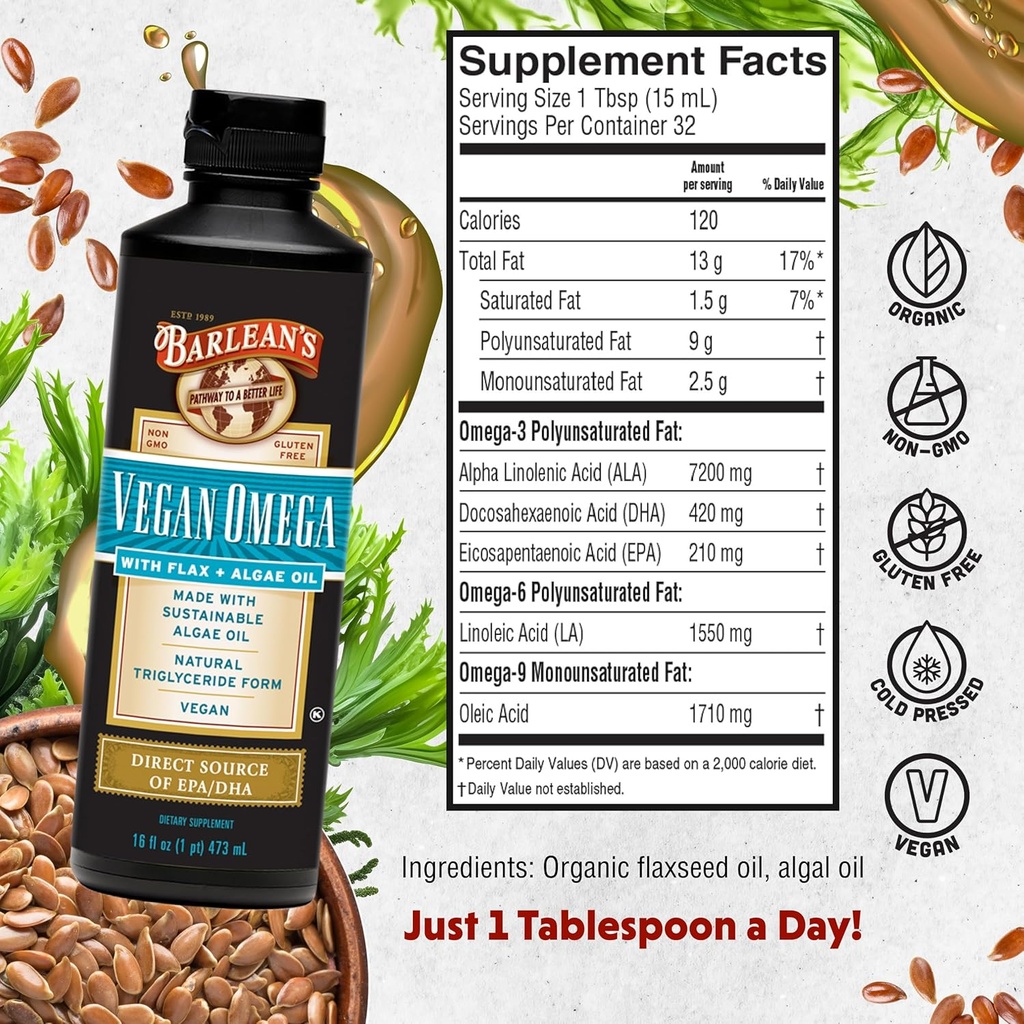 Barlean's Vegan Omega Liquid Flax and Algae Oil Plant Based EPA DHA Supplement from Algal Oil and Organic Flaxseed, Omegas 3 6 and 9 Fatty Acid Supplements, 16 Ounces 3