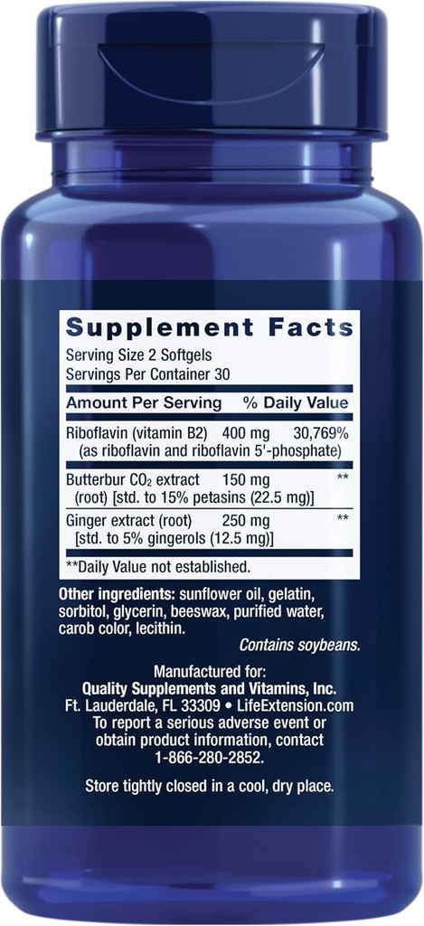 Life Extension Migra-Eeze - Butterbur Root Extract with Vitamin B2 (Riboflavin) & Ginger Supplement - Formula to Ease Head Discomfort - Gluten-Free — 60 Softgels 3