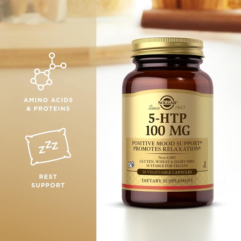 Solgar 5-HTP 100 mg - 90 Vegetable Capsules - Promotes Relaxation - Non-GMO, Vegan, Kosher & Gluten Free - 90 Servings 5