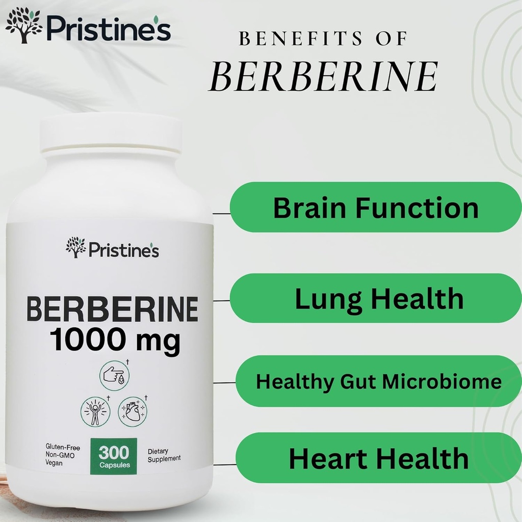 PRISTINE'S Berberine Supplement Capsules - 1000 MG 75 Day Supply - Heart, & Immunity Health Support Antioxidant - Digestive Tract & Healthy Gut Flora Support 3