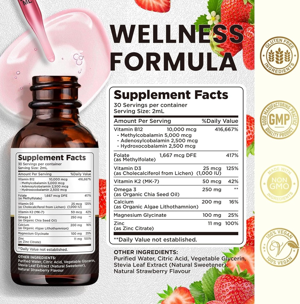 Vitamin B12 Liquid Drops Sublingual 10000 mcg, Triple B-12 Complex Supplement, Methyl & Methylcobalamin Blend for Women & Men, Mood & Energy Booster, Metabolism & Health Support, 2 Pack 4