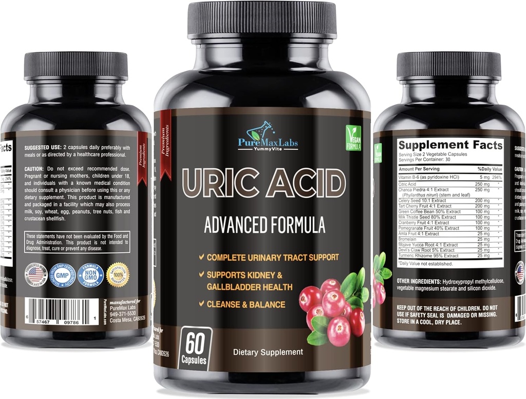 Uric Acid Advanced Formula – Kidney, Liver, Gallbladder, Urinary Tract Cleanse with Cranberry, Chanca Piedra, Tart Cherry, Milk Thistle and Bromelain 60 Capsules 6