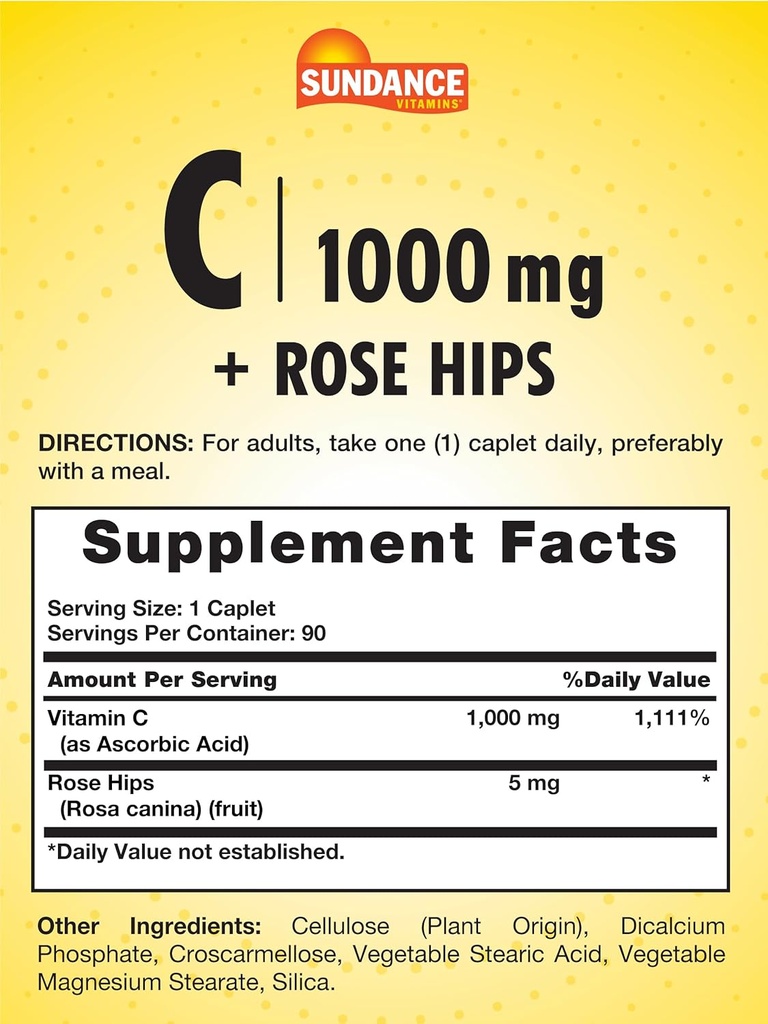 Sundance Vitamin C 1000mg with Rose HIPS | 90 Vegetarian Caplets | Essential Vitamin | Vegetarian, Non-GMO, and Gluten Free Supplement 3