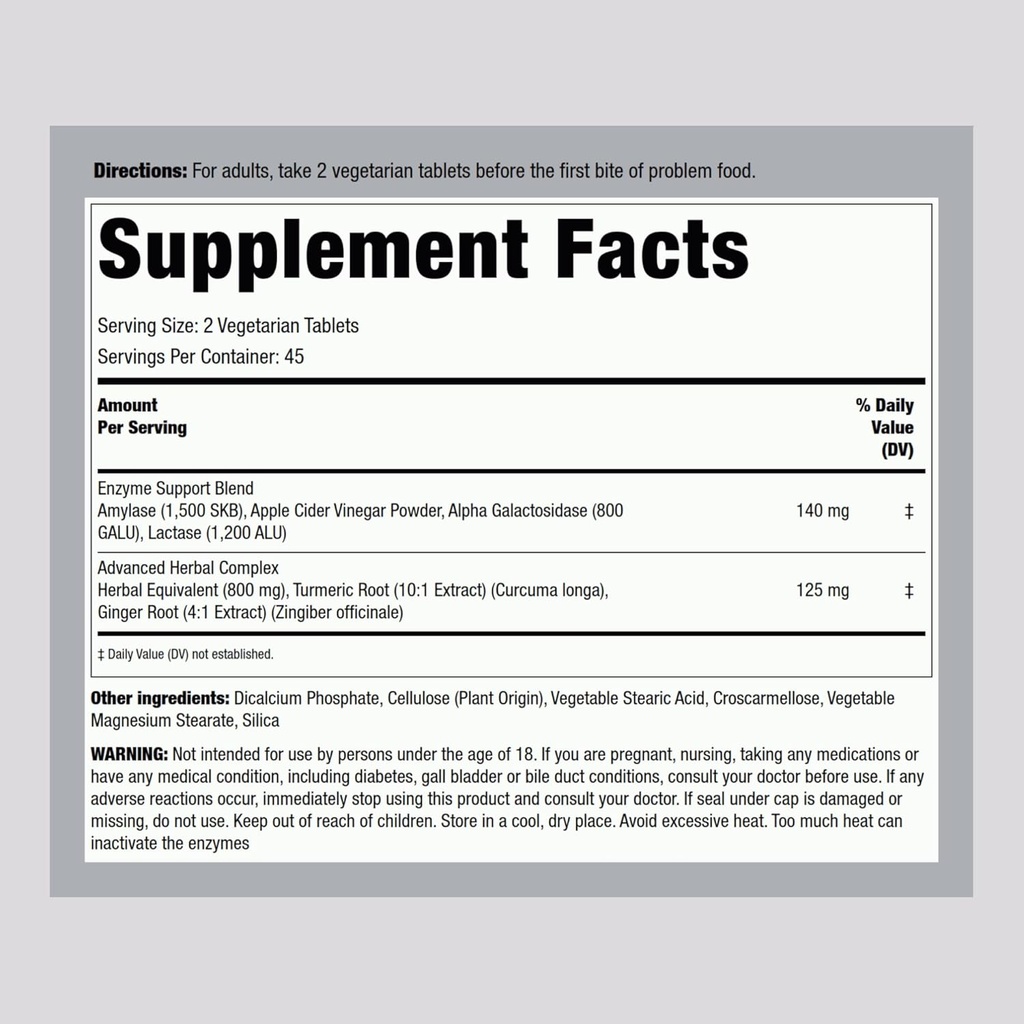 Piping Rock Bloat & Gas Support for Men & Women | 90 Tablets | Extra Strength Pills | Supplement with Enzymes, Turmeric, Ginger & More | Non-GMO & Vegetarian Formula 3