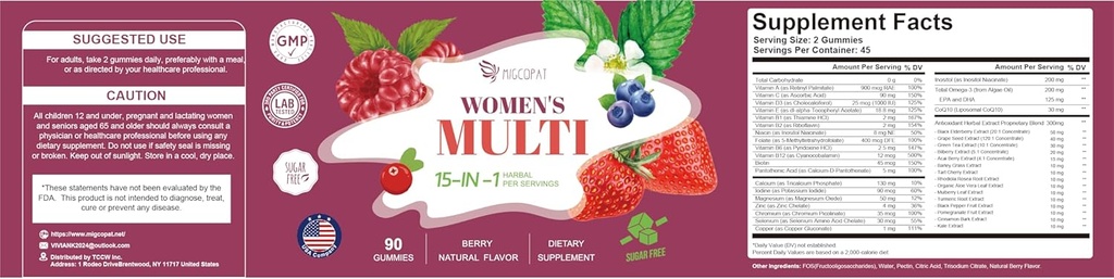 Multivitamin for Women, Womens Multivitamin Gummy w/Omega-3, Inositol, Folate, Biotin, Vitamins A, C, D3, E, B12 for Heart, Brain, Hair, Energy & Immune, Sugar-Free Gummies, Berry Flavor, 90 Cts 5