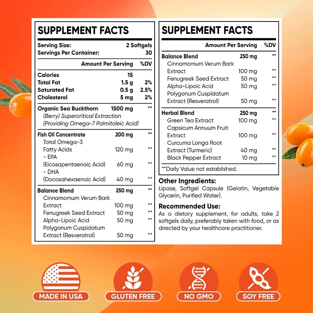 Omega-7 Sea Buckthorn Oil - with Omega-3 EPA/DHA Fish Oil, Cinnamomum, Fenugreek, ALA, Green Tea, Cayenne Pepper, Turmeric, Resveratrol, Black Pepper - Gluten-Free, 2Pack 3
