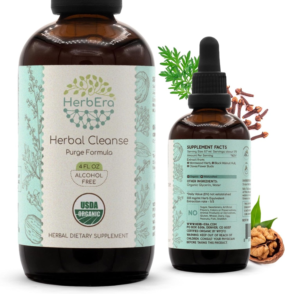 HerbEra Herbal Cleanse Organic Alcohol-Free Tincture | Detox and Cleanse Formula, Extract Supplement | Organic Wormwood Herb, Black Walnut Hull, Cloves Flower Buds | Purge Extract (4 fl oz) 2