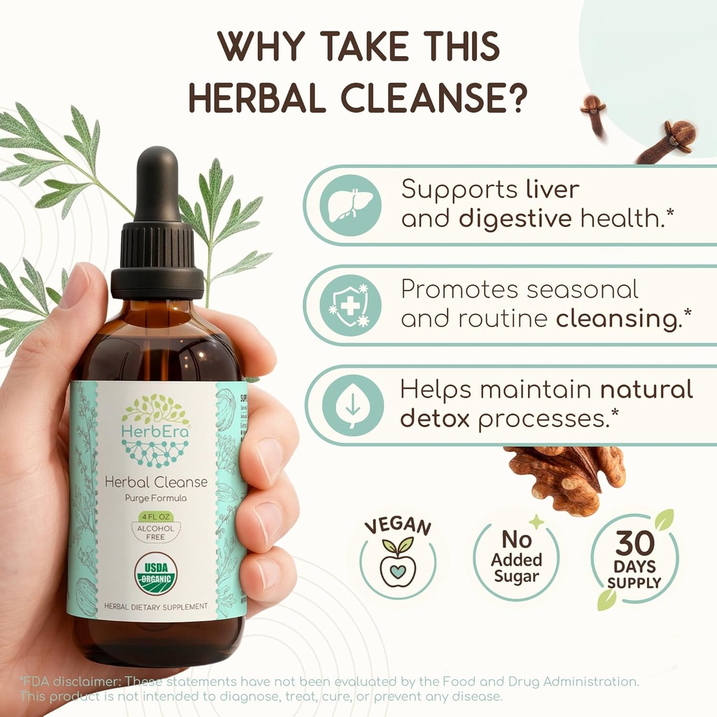 HerbEra Herbal Cleanse Organic Alcohol-Free Tincture | Detox and Cleanse Formula, Extract Supplement | Organic Wormwood Herb, Black Walnut Hull, Cloves Flower Buds | Purge Extract (4 fl oz) 3