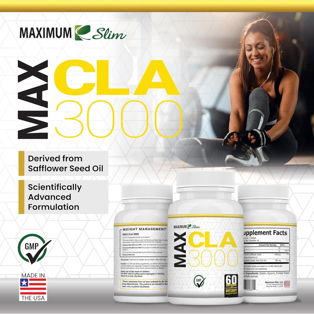 Maximum Slim MAX CLA 3000, High Potency, Natural Weight Loss Exercise Enhancement, Increase Lean Muscle Mass, Non-Stimulating, Non-GMO 95% Pure CLA, 90 Count 6