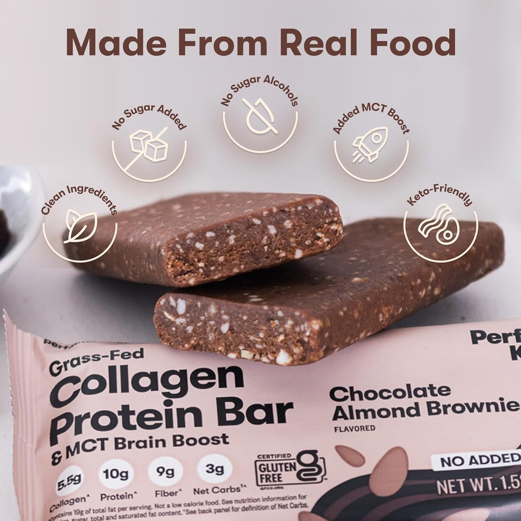 Perfect Keto Bars - The Cleanest Keto Snacks with Collagen and MCT. No Added Sugar, Keto Diet Friendly - 3g Net Carbs, 19g Fat, 10g protein - Diet Food Dessert (Almond Butter Brownie, 12 Bars) 5