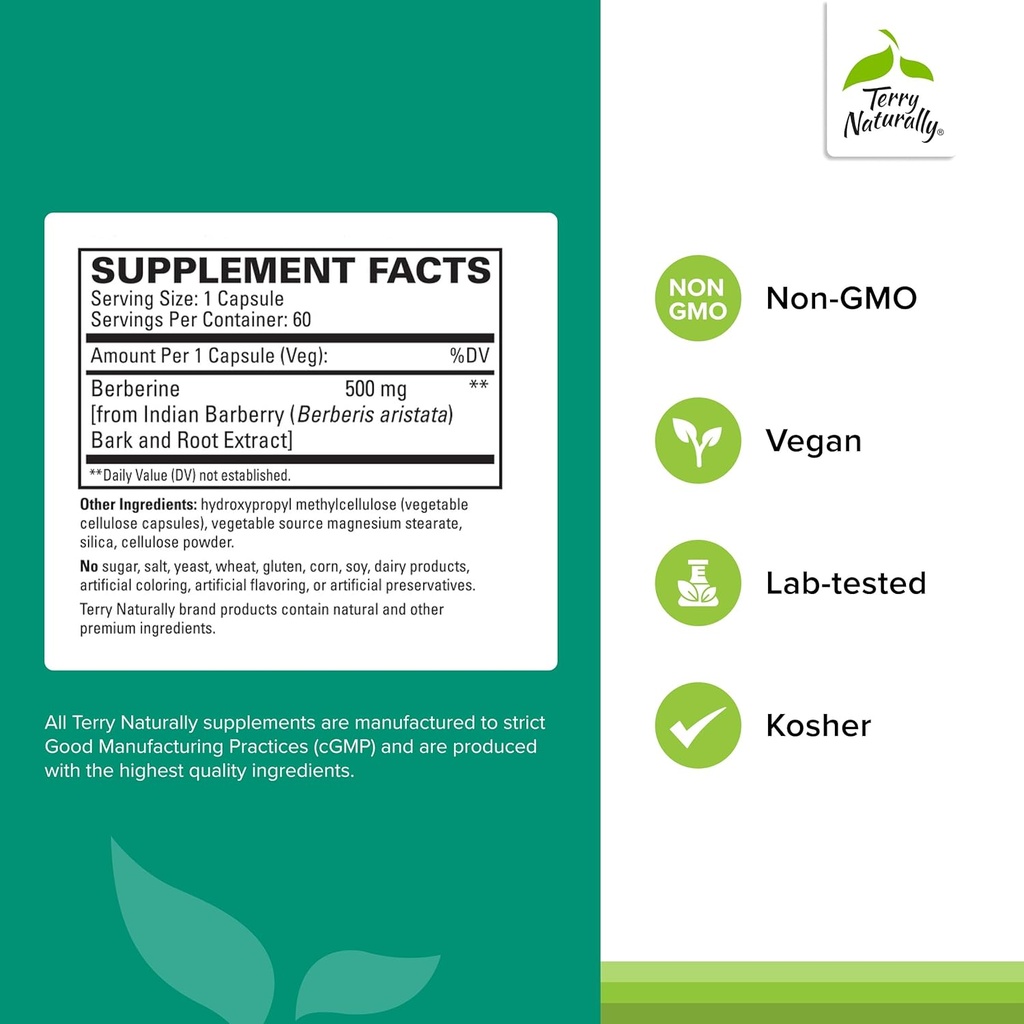 Terry Naturally Berberine - Dietary Supplement with Berberine - Liver Health Supplement for Metabolism Support - Joint Health Support for Men & Women - 60 Capsules 3