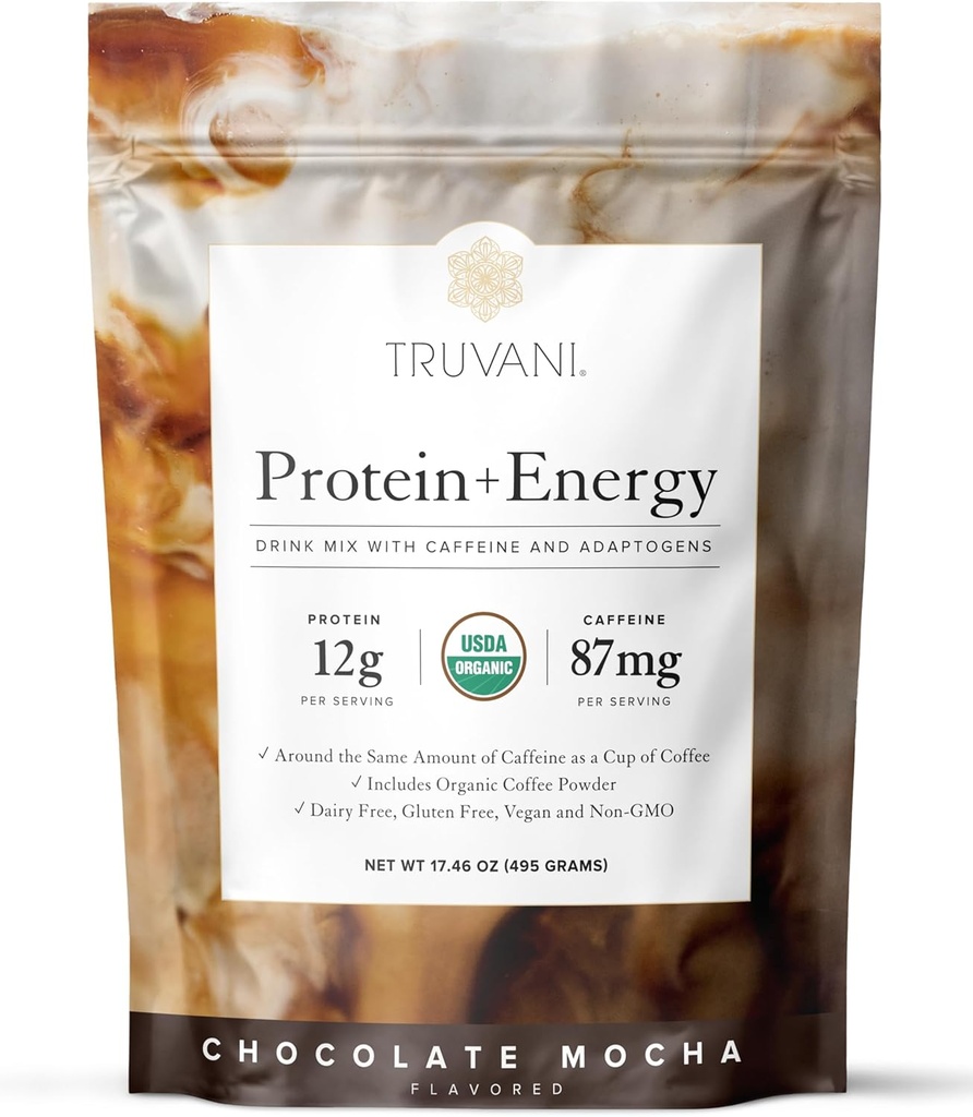 Truvani Protein + Energy Drink Mix with 87mg Caffeine | Chocolate Mocha | 12g Organic Plant Based Protein | 20 Servings | USDA Organic Coffee Powder & Adaptogens | Gluten & Dairy Free | Vegan 2