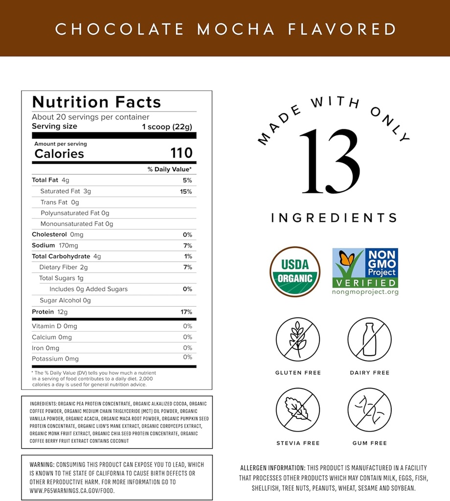 Truvani Protein + Energy Drink Mix with 87mg Caffeine | Chocolate Mocha | 12g Organic Plant Based Protein | 20 Servings | USDA Organic Coffee Powder & Adaptogens | Gluten & Dairy Free | Vegan 3