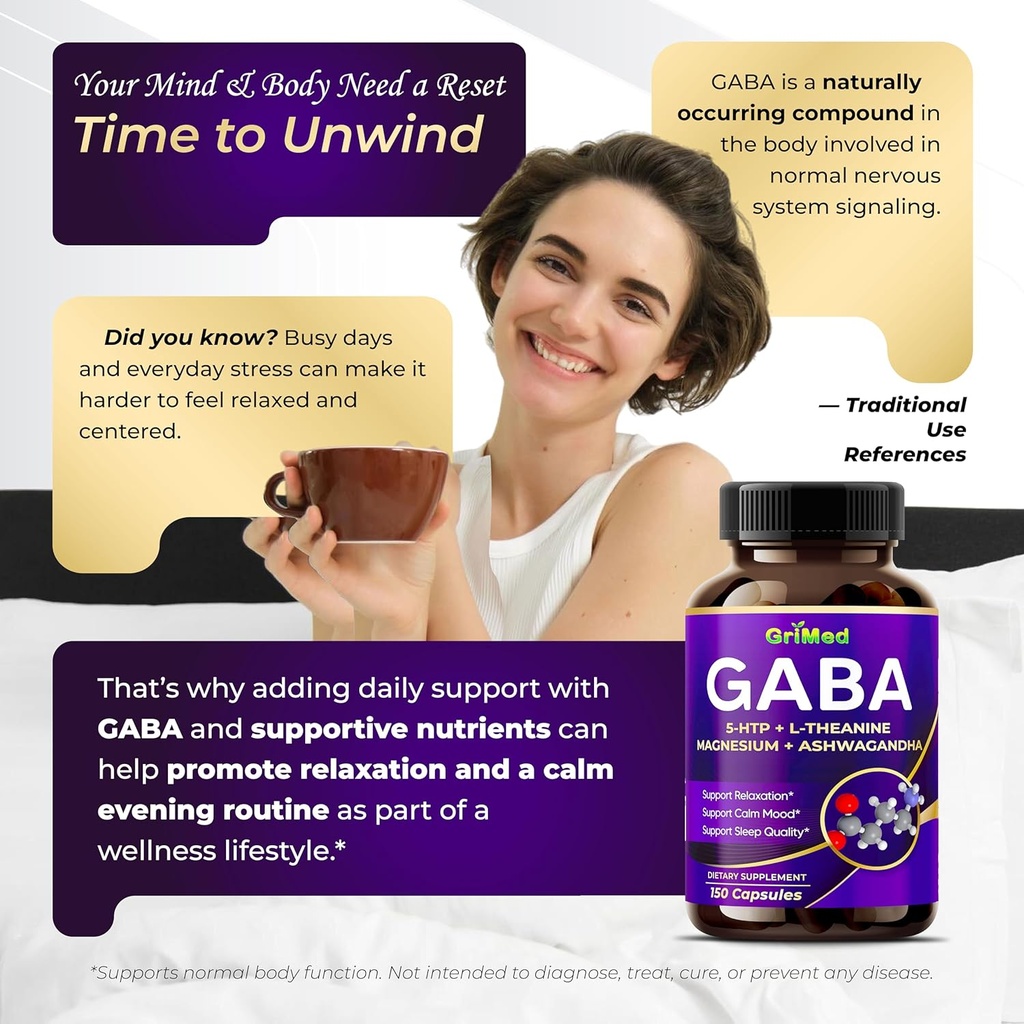 GriMed GABA 16,280mg - X15 Power with 5-HTP, L-Theanine, Magnesium, Ashwagandha - Relax & Restore, Support Sleep Well - Made in USA (150 Count (Pack of 1)) 4