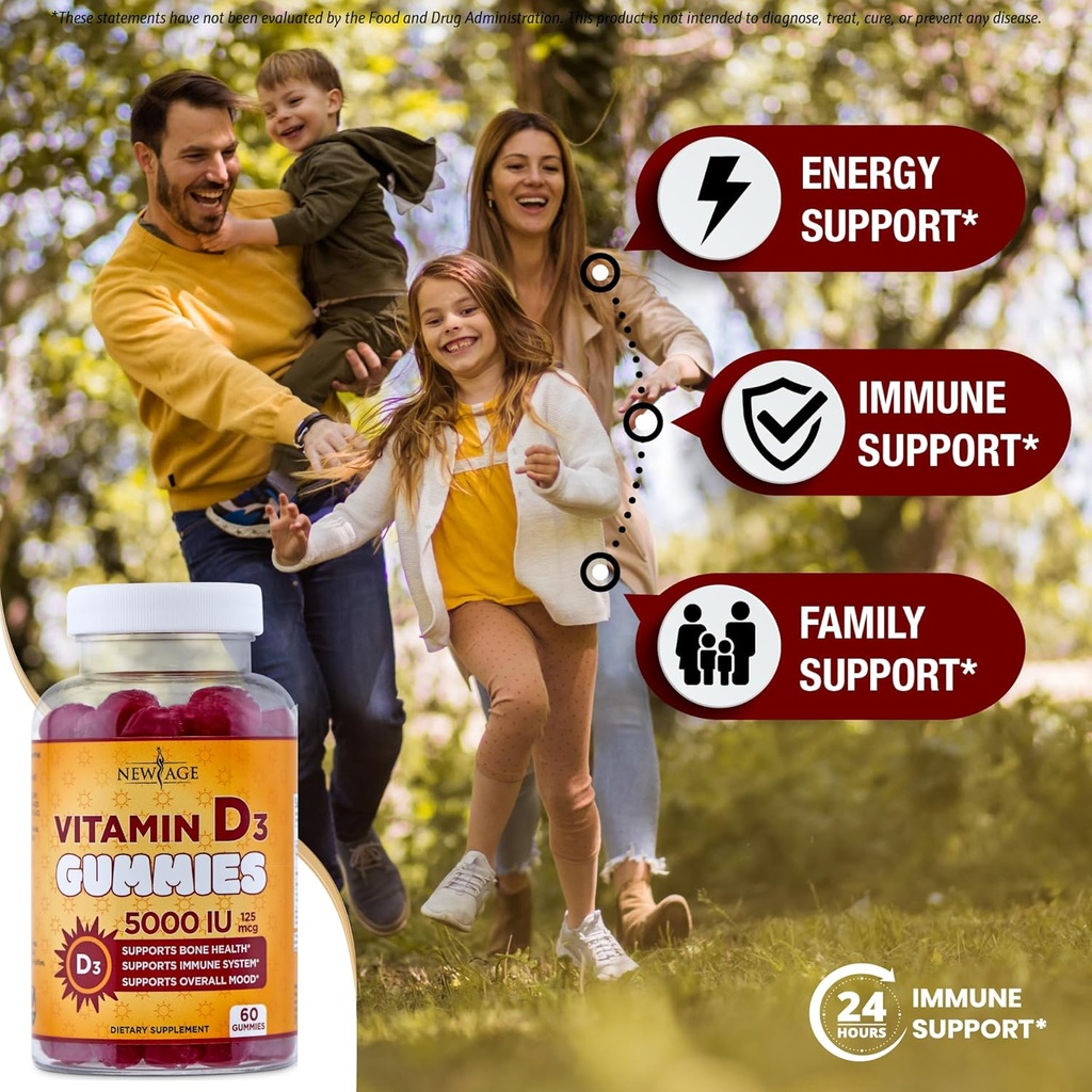 NEW AGE Vitamin D3 5000 IU 125mcg Gummies - Support Immune Support, Strong Bone Health - Non-GMO, Gluten-Free, Dairy-Free, No Gelatin (60 Gummies (Pack of 1)) 4