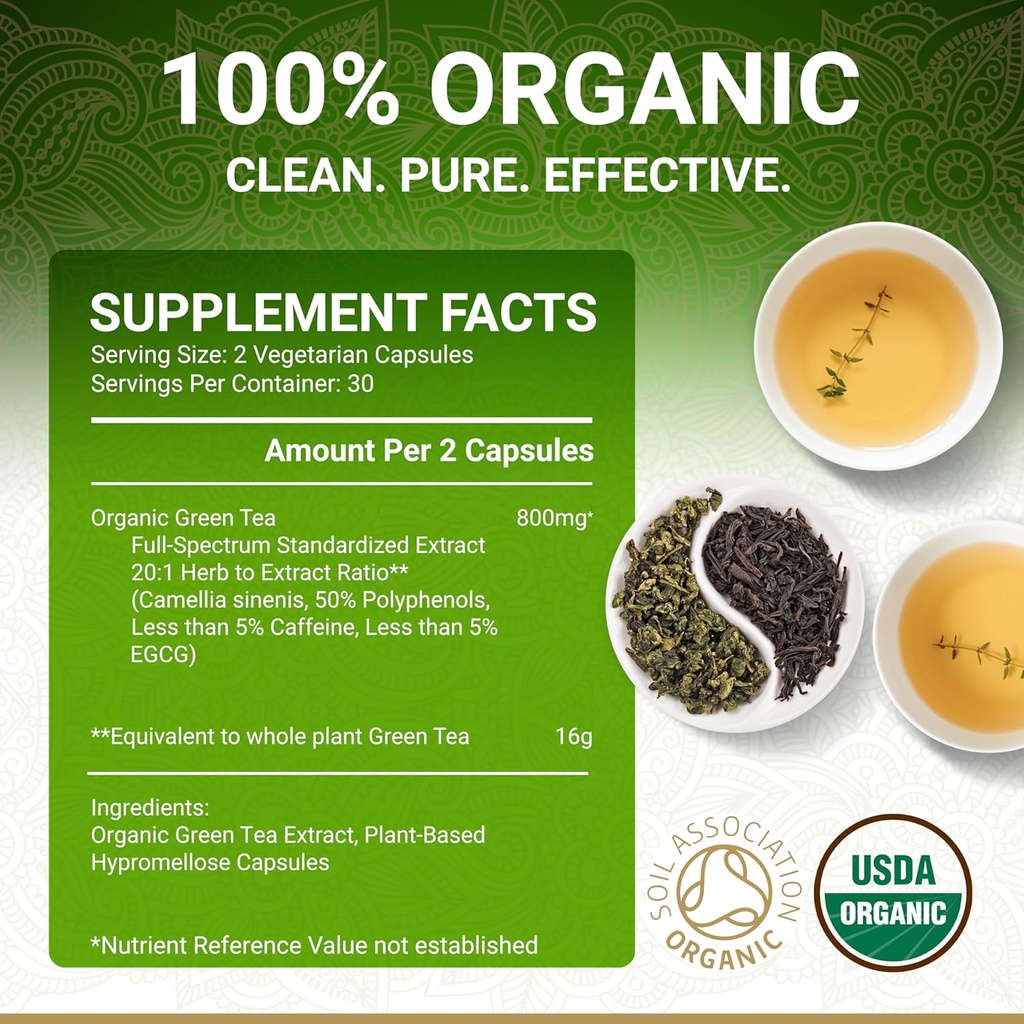 Organic Green Tea Extract Capsules – USDA Organic Certified | 60 Green Tea Capsules | Green Tea Pills | EGCG Green Tea Extract | 50% Polyphenols EGCG Supplements 5