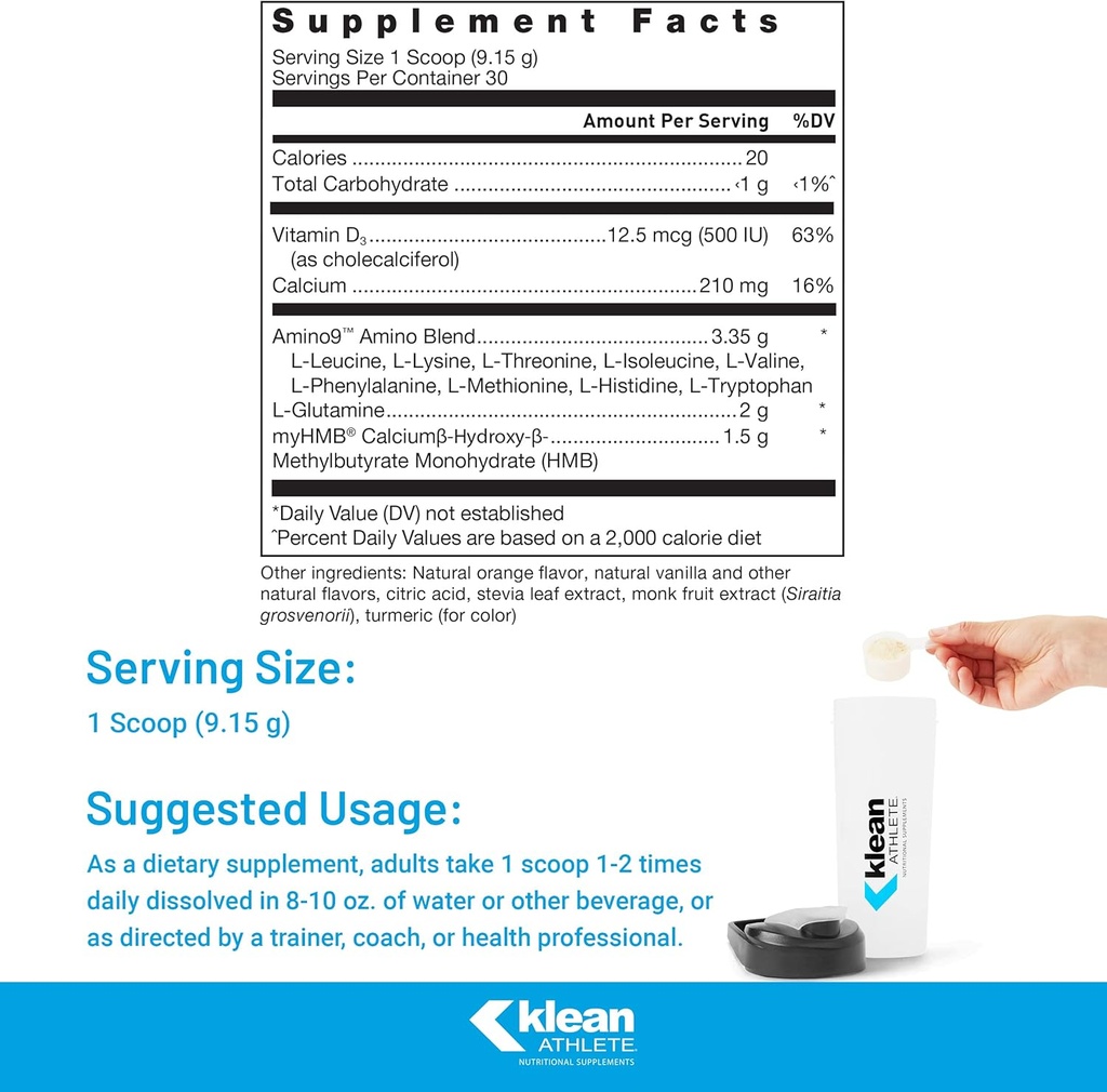 Klean Athlete Klean Essential Aminos + HMB - Blend of Essential Amino Acids - with HMB, Vitamin D3 & Glutamine for Lean Muscle Mass - 9.7 Ounces - Natural Orange Cream Flavor 3