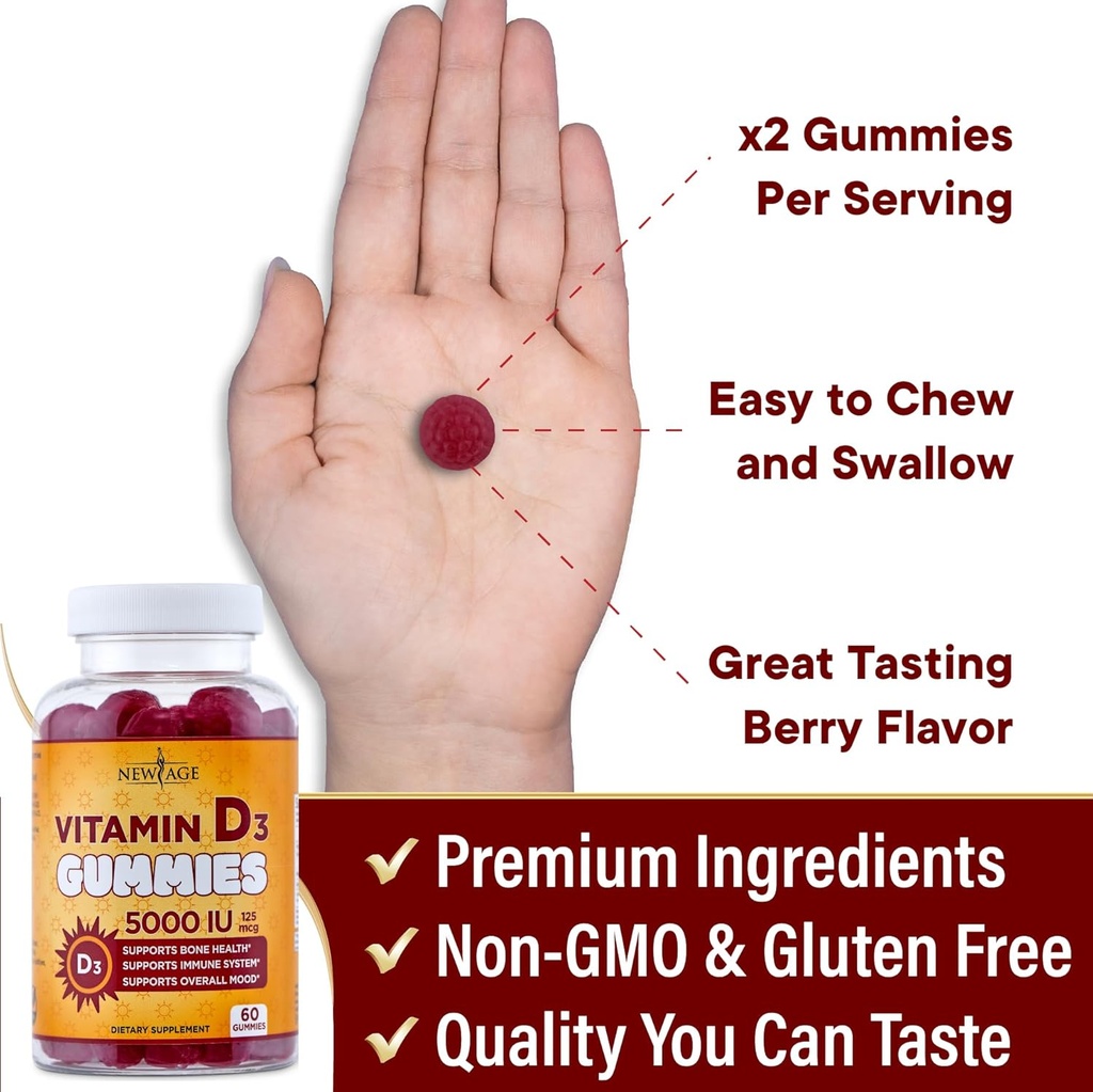 NEW AGE Vitamin D3 5000 IU 125mcg Gummies - Support Immune Support, Strong Bone Health - Non-GMO, Gluten-Free, Dairy-Free, No Gelatin (60 Gummies (Pack of 1)) 6