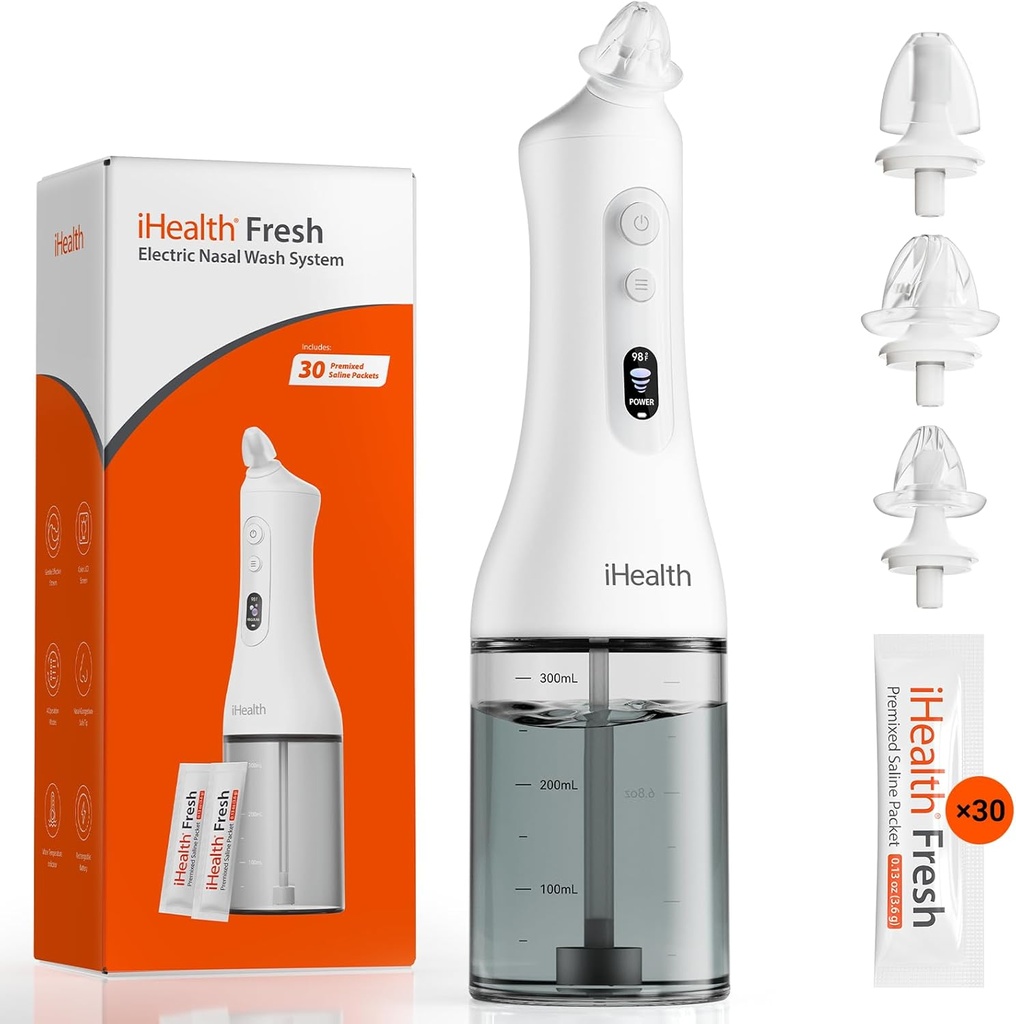 iHealth Electric Nasal Irrigation System for Adults & Kids – Gentle Sinus Rinse for Rhinitis & Sinusitis Relief, 400ml Easy-Clean Large Tank, Water Temperature Measurement, 30 Premixed Saline Packets 2