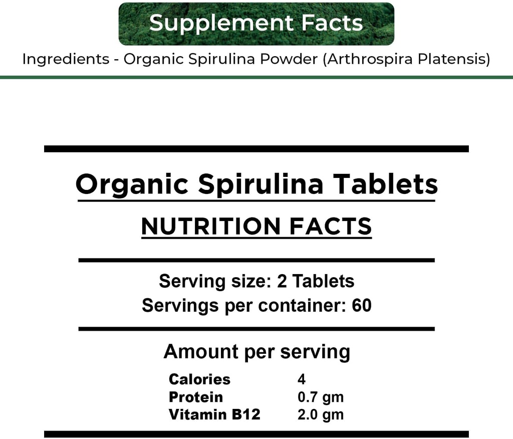 Organic Spirulina Tablets - 100% Pure Vegan, Non-GMO, Gluten Free, Chemical Free 3