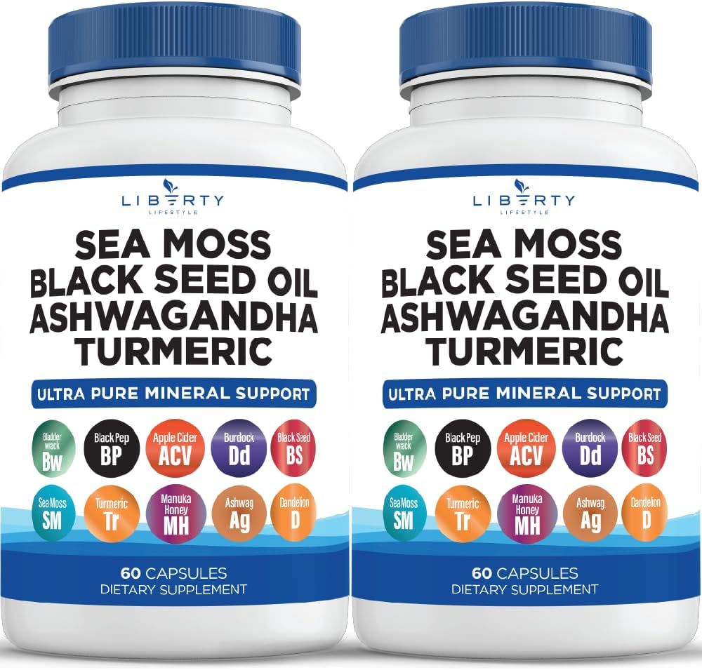 Sea Moss Black Seed Oil Ashwagandha Turmeric Bladderwrack Burdock - with Manuka, Honey Dandelion, ACV Black Pepper Gluten Free - 2-Pack 2
