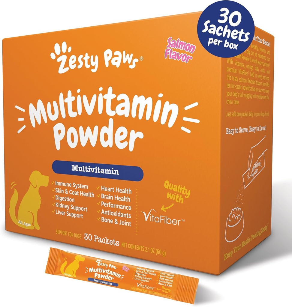 Zesty Paws 10-in-1 Dog Multivitamin - Gut, Immune, Joint, Skin & Coat Support, and More - Dog Vitamins and Supplements Powder - Pet Supplements with Omega Fish Oil & VitaFiber - Salmon - 30 Ct 2