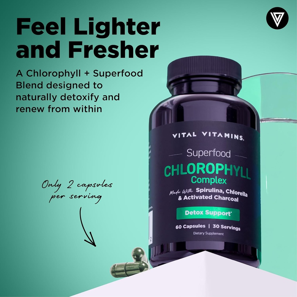 Vital Vitamins Chlorophyll Pills - Body Deodorizing Supplement - Made with Spirulina, Chlorella, Organic Parsley, Mint, & Activated Charcoal - Defeat Odor Naturally - for Women & Men - 60 Capsules 3