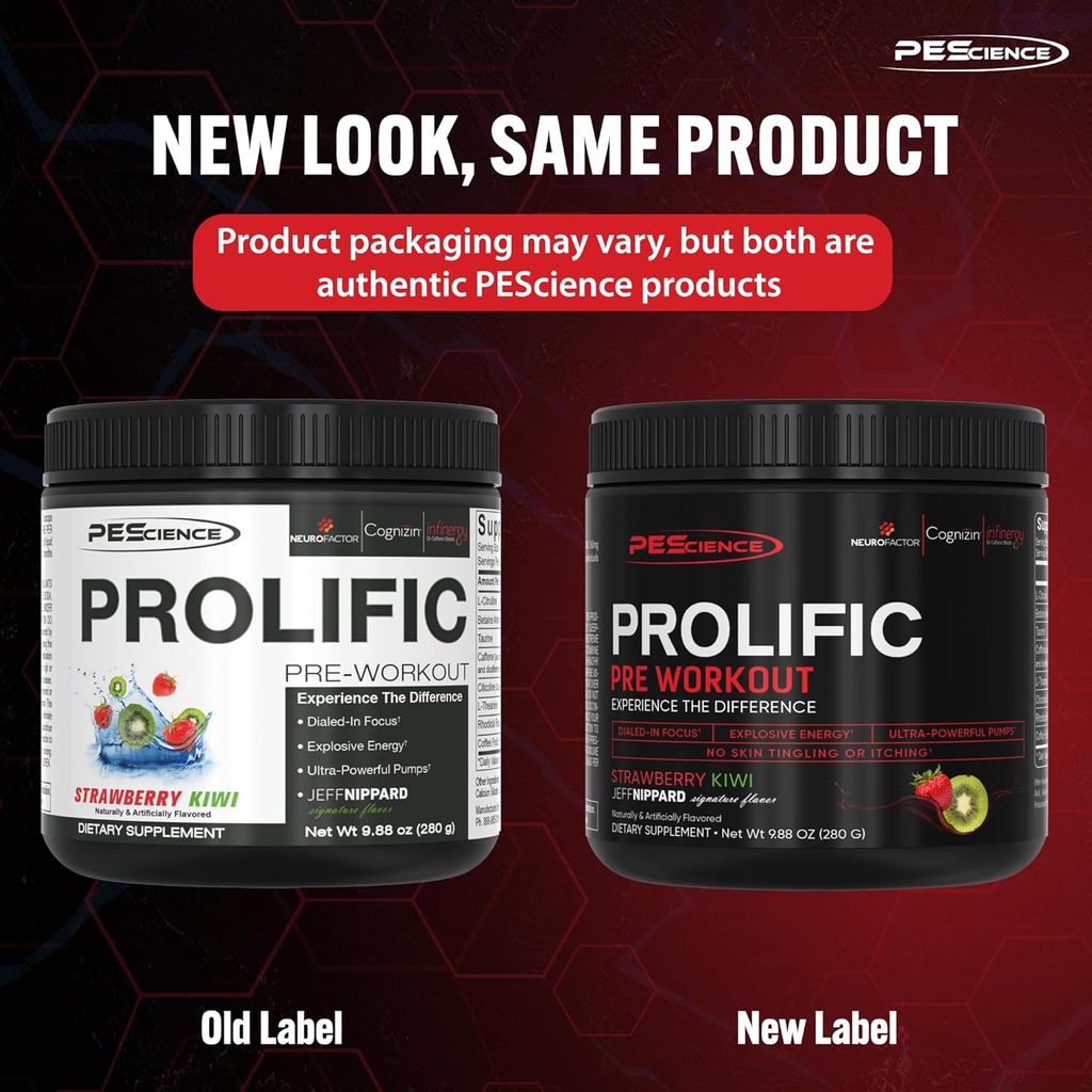 PEScience Prolific Pre Workout Powder, Strawberry Kiwi, 40 Scoop, Energy Supplement with Nitric Oxide 3