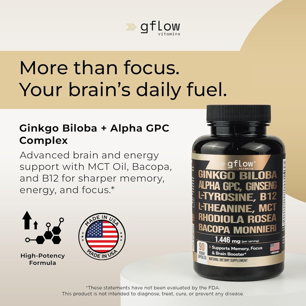 Ginkgo Biloba Alpha GPC Supplement with Panax Ginseng L Tyrosine with L Theanine, Bacopa monnieri, Rhodiola Rosea, Phosphatidylserine, B12, MCT, DMAE - Complex | Made in USA 3