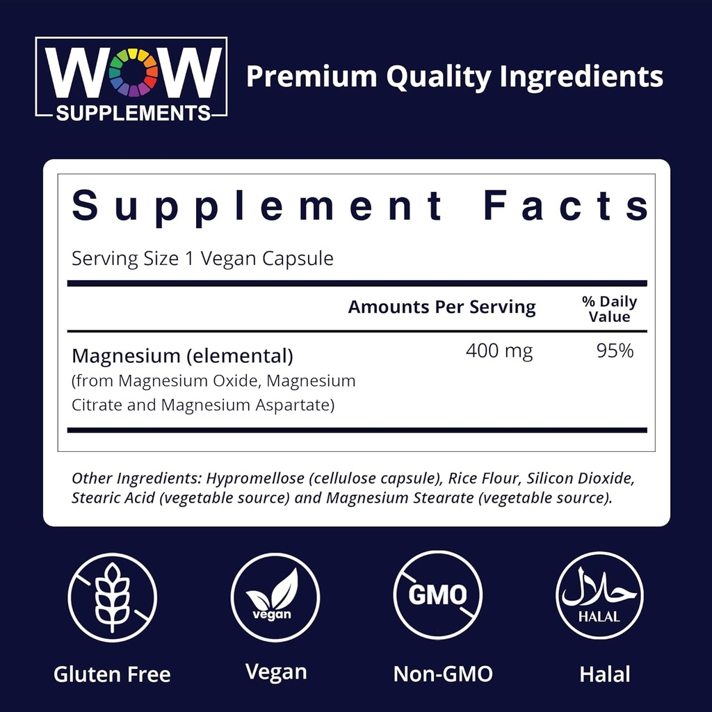 WOW Supplements Magnesium 400 mg Complex - Supplement for Men and Women - Citrate, Aspartate & Magnesium Oxide 400mg - 180 Capsules 3