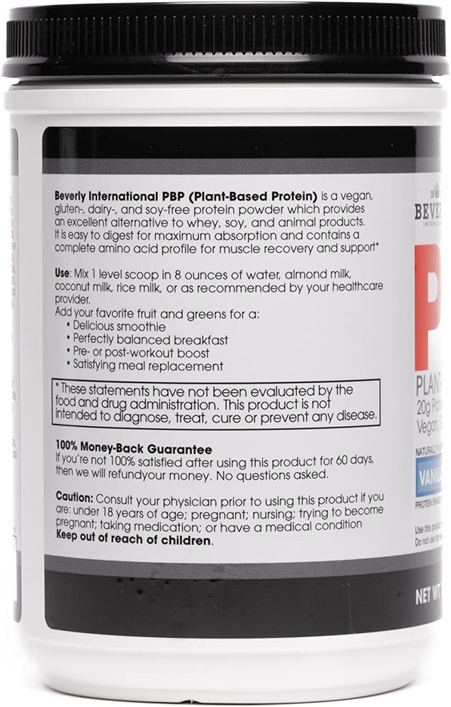 Beverly International PBP, Plant Based Protein. Vegan, Gluten, Dairy, Soy-Free. Great Vanilla Taste, Smooth, Easy to Digest, 21g Protein per Serving, (15 Servings) 1lb. Complete Amino Acid Profile. 4