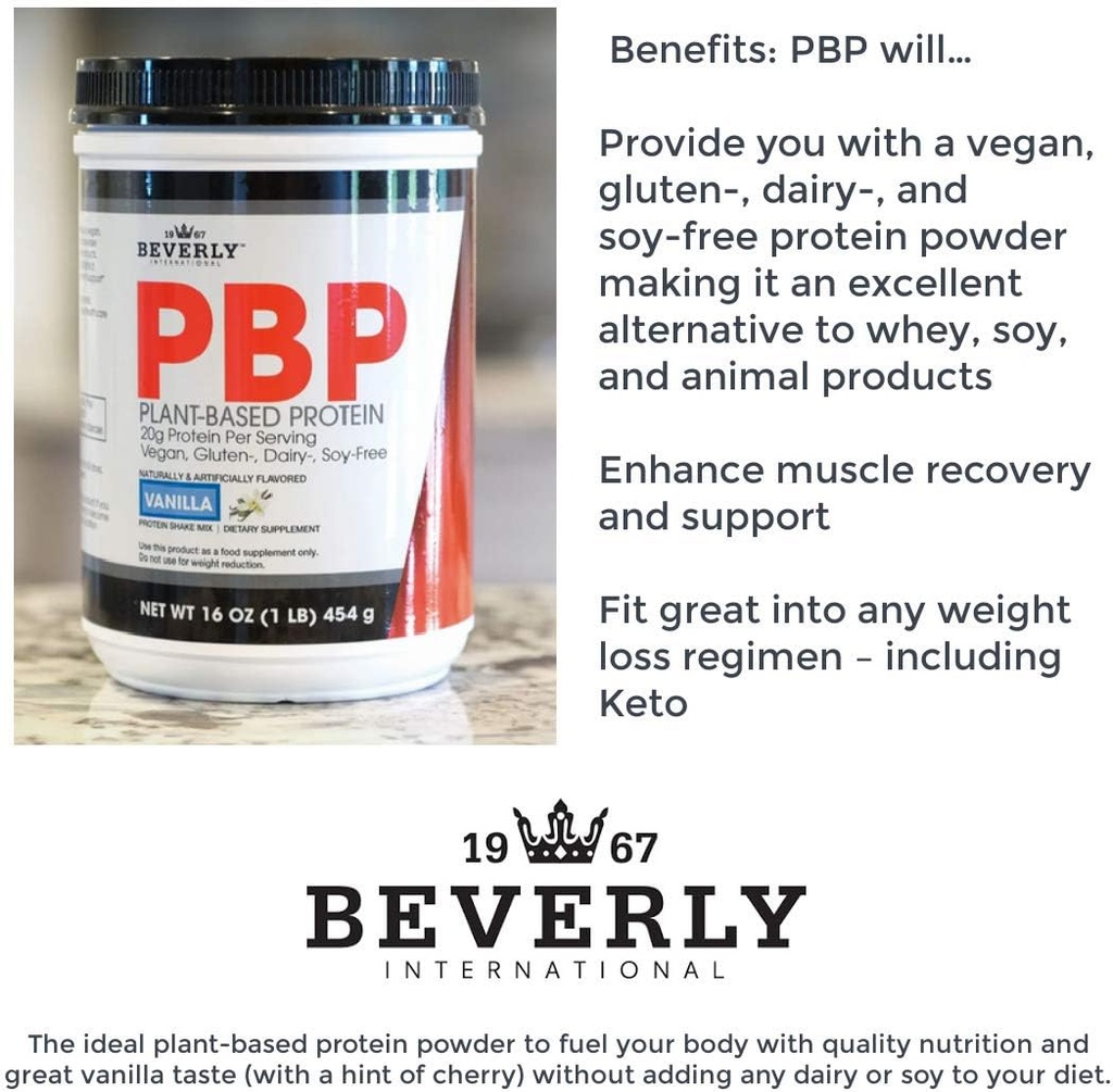 Beverly International PBP, Plant Based Protein. Vegan, Gluten, Dairy, Soy-Free. Great Vanilla Taste, Smooth, Easy to Digest, 21g Protein per Serving, (15 Servings) 1lb. Complete Amino Acid Profile. 5