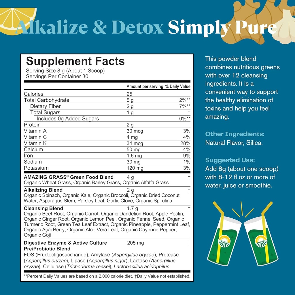 Amazing Grass Greens Blend Alkalize & Detox: Smoothie Mix, Cleanse with Super Greens & Beet Root Powder, Digestive Enzymes, Prebiotics & Probiotics, 30 Servings (Packaging May Vary) 5