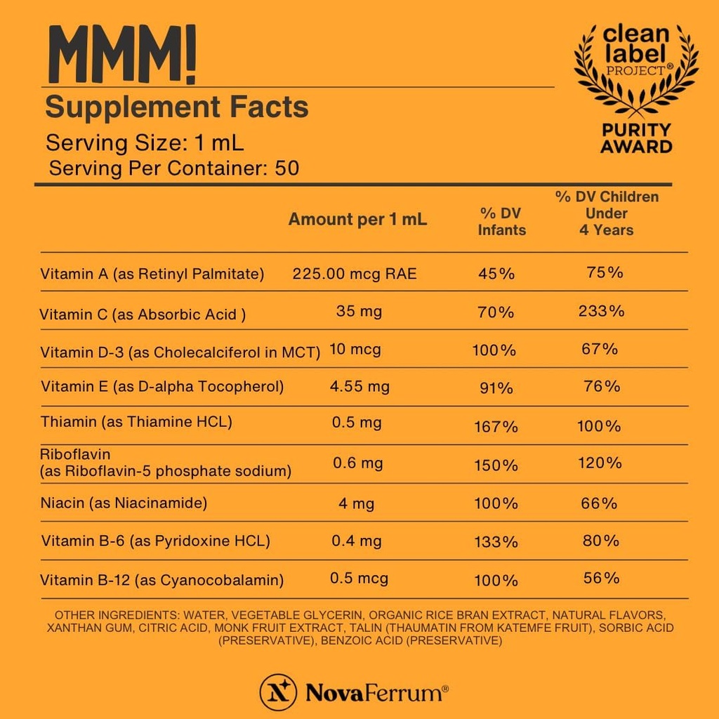 NovaFerrum MMM | Multivitamin for Kids, Infants and Toddlers | Vitamin C, D3, E | Gluten Free Certified | Sugar Free | No Artificial Colors | Ages 4 & Under | Orange Flavored | 2 Fl Oz (50 mL) 4