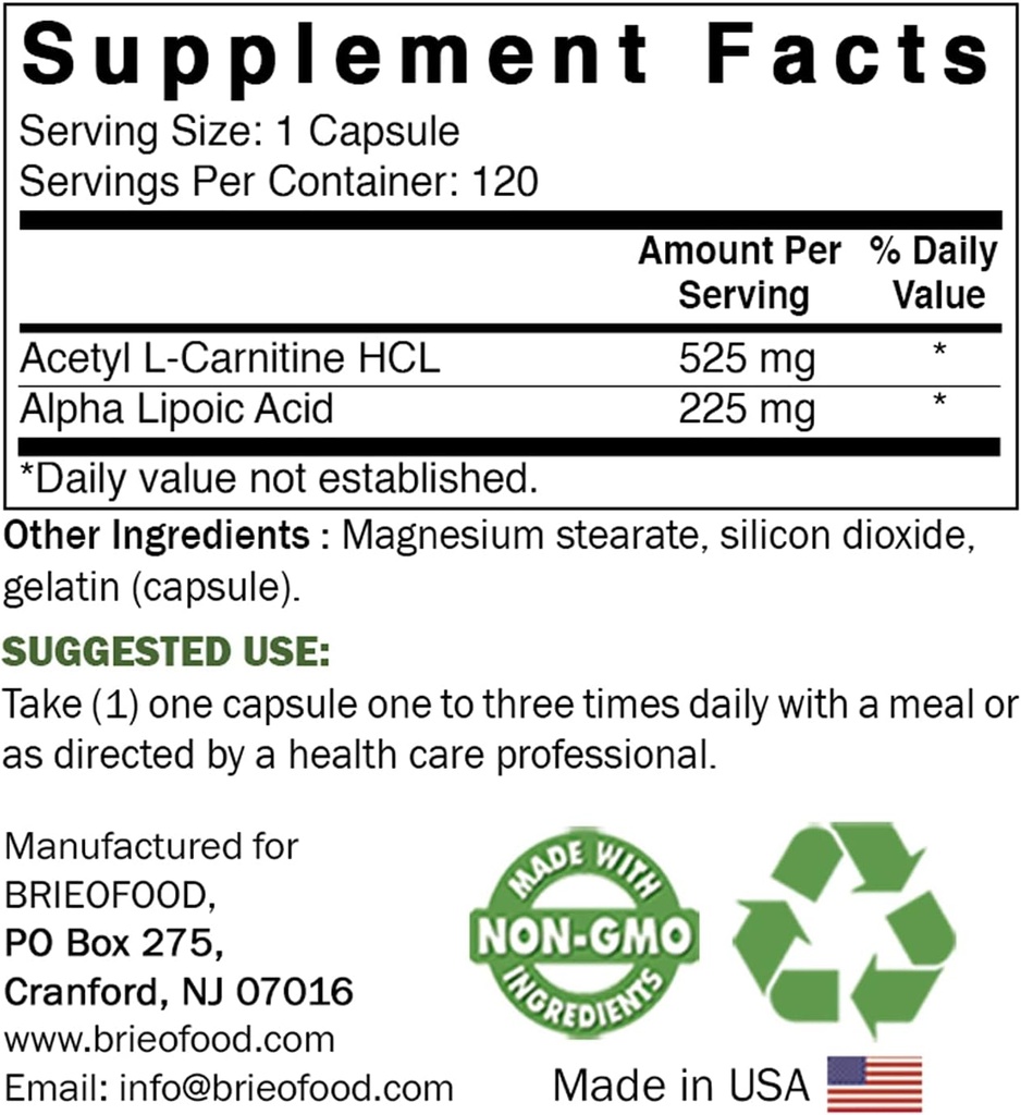 Brieofood Acetyl L-Carnitine Alpha Lipoic Acid (ALA ALC) 750 mg 120 Capsules 3