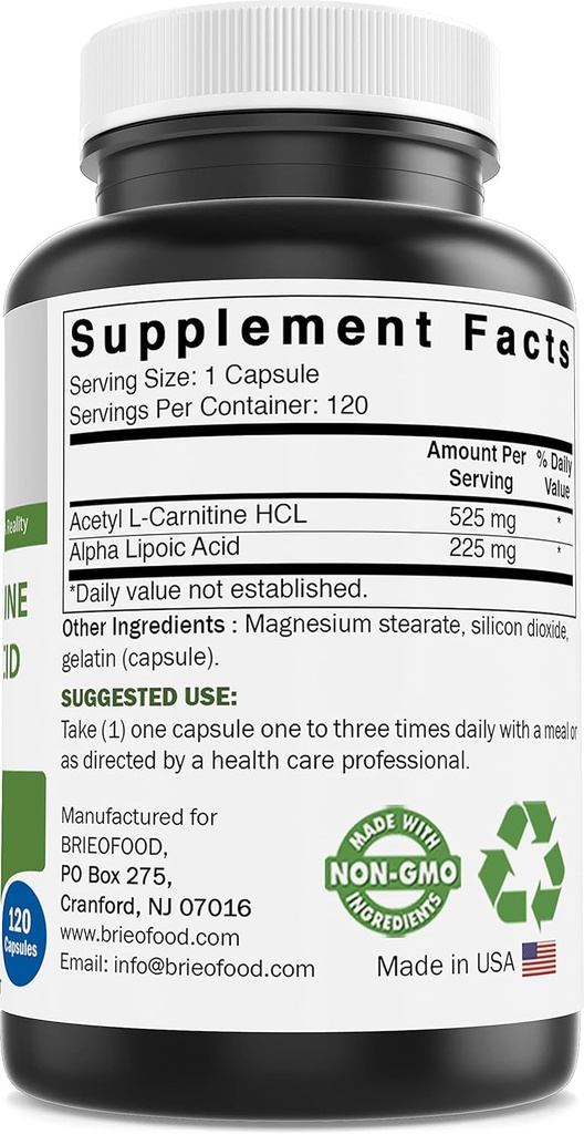 Brieofood Acetyl L-Carnitine Alpha Lipoic Acid (ALA ALC) 750 mg 120 Capsules 4
