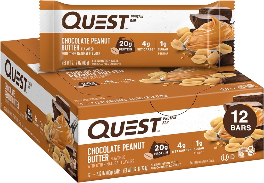 Quest Nutrition Chocolate Peanut Butter Bars, 20g Protein, 1g Sugar, 4g Net Carb, Gluten Free, Keto Friendly, 12 Count 2