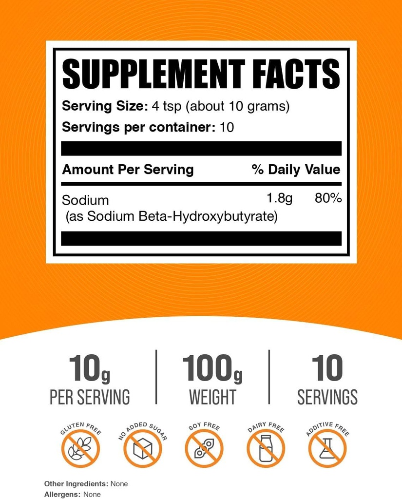 BulkSupplements Sodium BHB Powder - Beta-Hydroxybutyrate Powder, BHB Supplement - Unflavored & Gluten Free, 10g per Serving, 100g (3.5 oz) (Pack of 1) 3