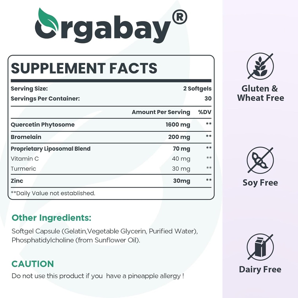 Orgabay Liposomal Quercetin Phytosome 1600 mg,Bromelain 200mg,Zinc 30mg,Vitamin C Turmeric 40 mg,Highest Absorption,Quercetin Complex, 60 Softgels 6