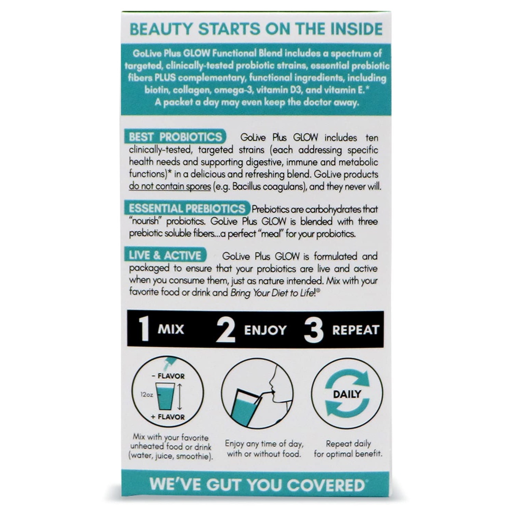 GoLive Probiotics & Prebiotics for Women and Men Glow for Beauty, Sugar-Free Synbiotic Powder. +25 Bllion CFUs; 10 Clinical Strains for Healthy, Immune & Digestive Health, 10 Count (Pack of 1) 3
