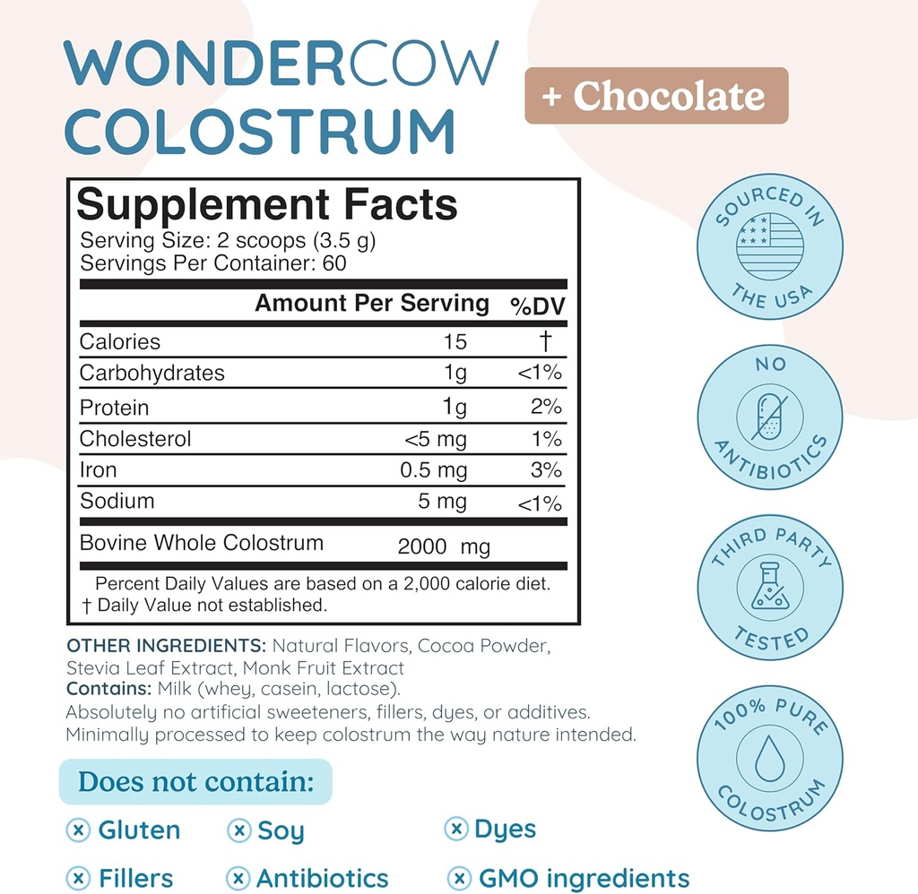 WONDERCOW Colostrum Supplement Powder for Gut Health, Immune Support, Muscle Recovery & Wellness | Natural IgG Pure Whole Bovine Colostrum Superfood, Chocolate, 60 Servings 3