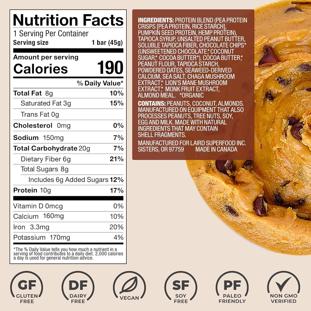 Laird Superfood Functional Protein Bars – Protein Bar but Better with Real Ingredients, Functional Mushrooms 10g Plant-Based Protein, 6g Fiber - Non-GMO - Peanut Butter Chocolate Chip, 10 Count (Pack of 1) 3