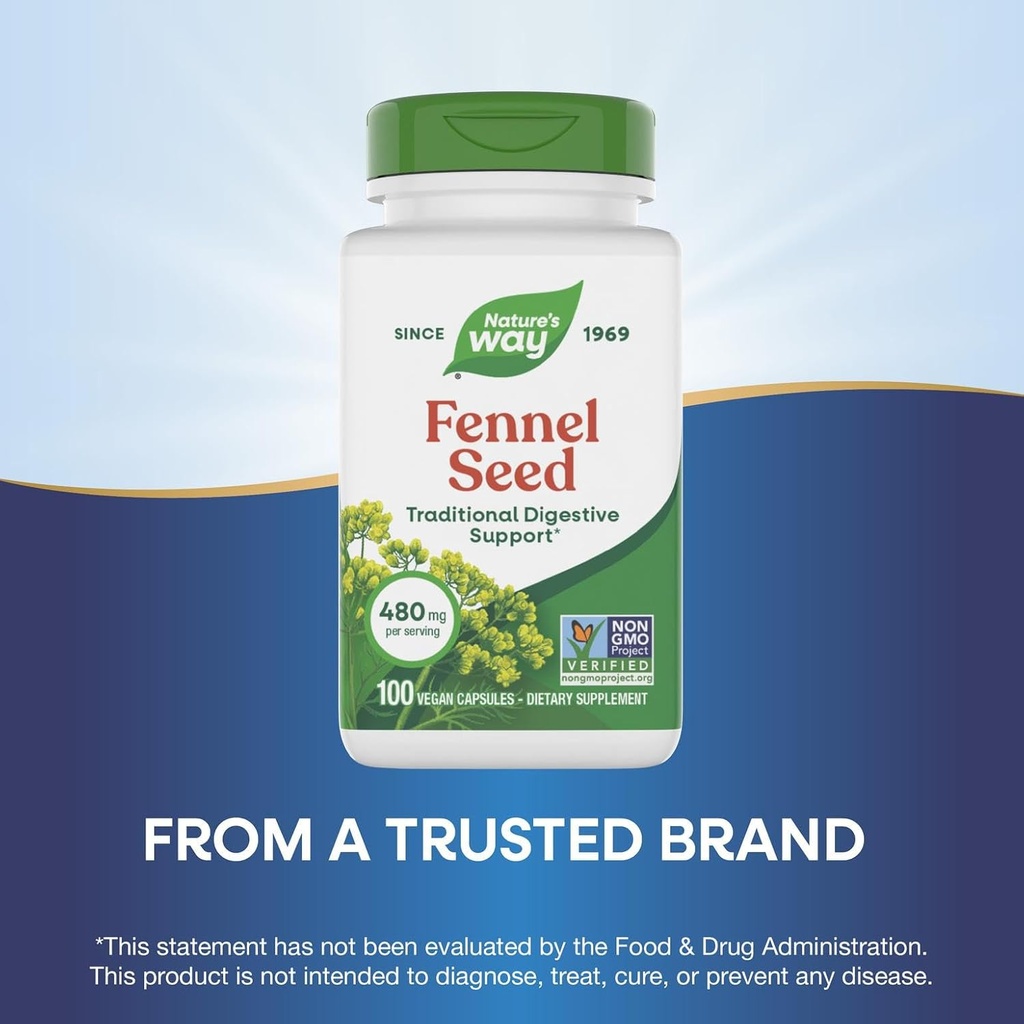 Nature's Way Fennel Seed, Traditional Digestive Support*, 480 mg per Serving, Gluten Free & Vegan, Non-GMO Project Verified, 100 Capsules (Packaging May Vary) 6