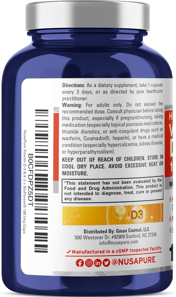 NusaPure Vitamin K2 (MK7) (200mcg) + Vitamin D3 (10000 IU) 180 Veg Caps - Bioperine, Soyfree, Non-GMO 4