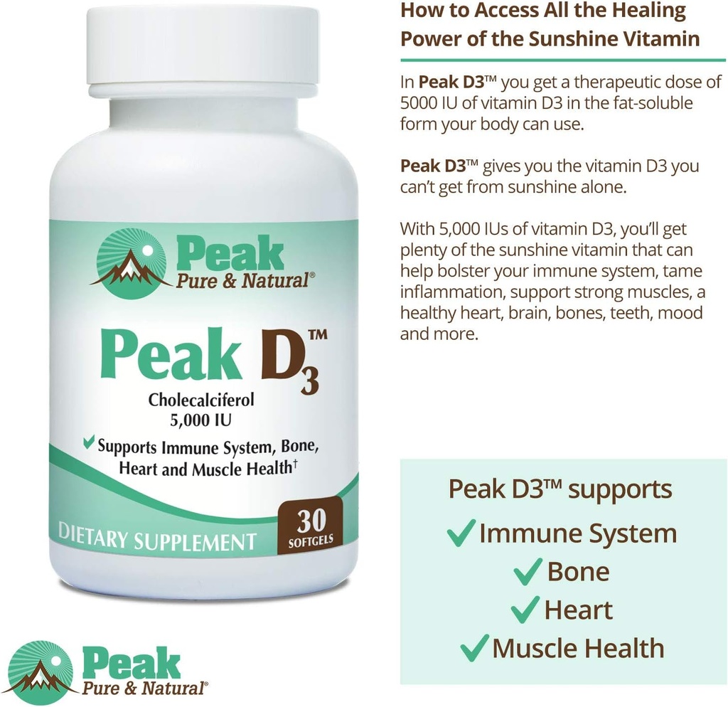 Peak Pure & Natural Peak D3 - Calciferol Vitamin D3 5,000 IU - Immune Support - Support Heart Health - Boost Energy - Daily Vitamin for Adults | 30 Capsules 3